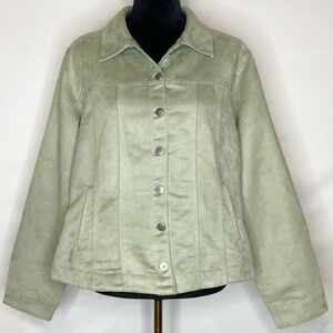Vintage Lemon Grass Faux Suede Sage Green Jacket Button-Down Front Pockets